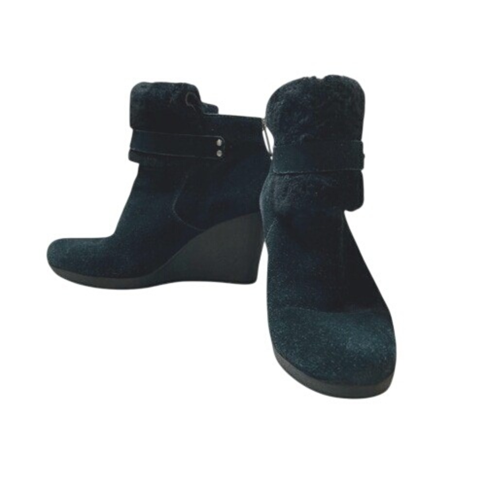 UGG Antonia Black Suede Fur Cuffed Wedge Boot Bootie 9 Quiet Luxury Casual Chic